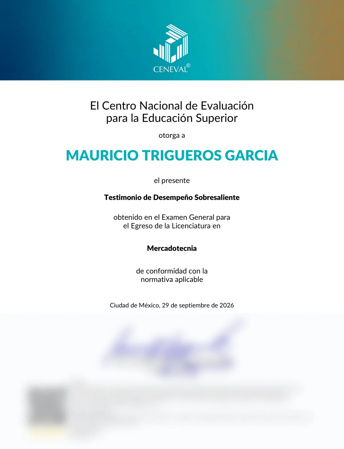 Testimonio de Desempeño Sobresaliente de Mauricio Trigueros García en el EGEL de Mercadotecnia, con folio, firma y código tapados